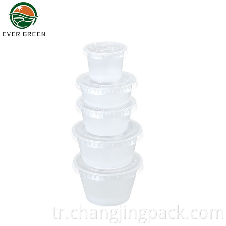 These clear disposable portion pots are made of recyclable PET plastic for durability and complete product visibility.
